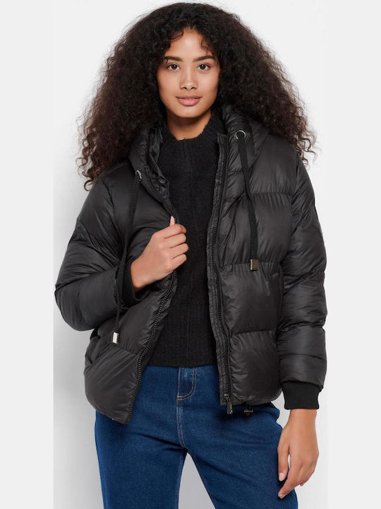 Women's Short Puffer Jacket for Winter with Hood Black