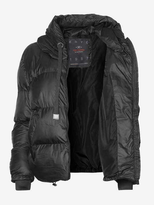 Women's Short Puffer Jacket for Winter with Hood Black