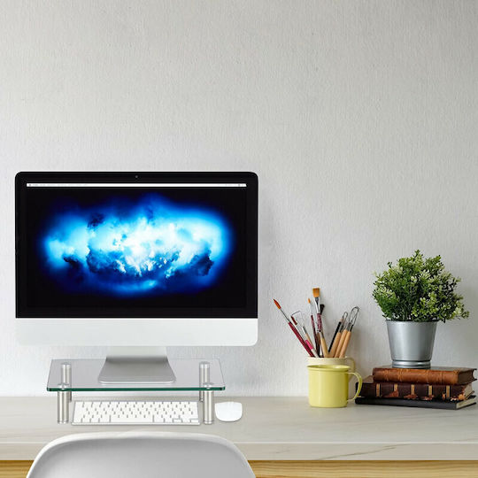 Relaxdays Glass Monitor Stand Silver Transparent 11x24x70 Cm
