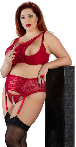 Cottelli Collection Plus Size Σαγηνευτικό Δαντελένιο Σετ Sexy Σετ Εσωρούχων με Δαντέλα & Ζαρτιέρες Κόκκινο Plus Size 3τμχ