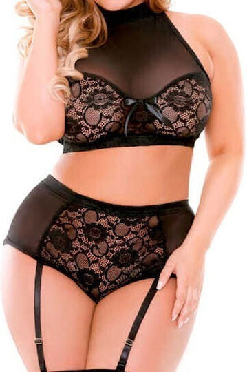Fantasy Lingerie Katia Halter Bra with Matching Gartered Panty Sexy Σετ Εσωρούχων με Ζαρτιέρες Black