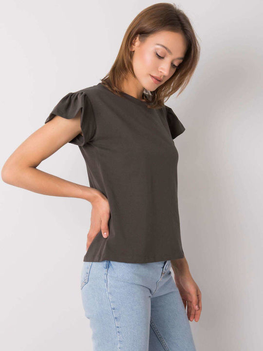 Rue Paris Women's Blouse Cotton Short Sleeve Dark Khaki