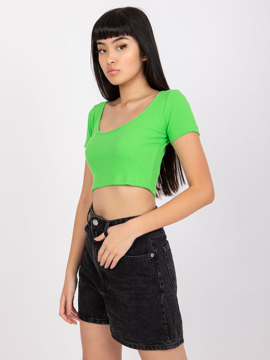 Rue Paris pentru Femei de Vară Crop Top din Bumbac cu Mâneci Scurte Monocrom Light Green