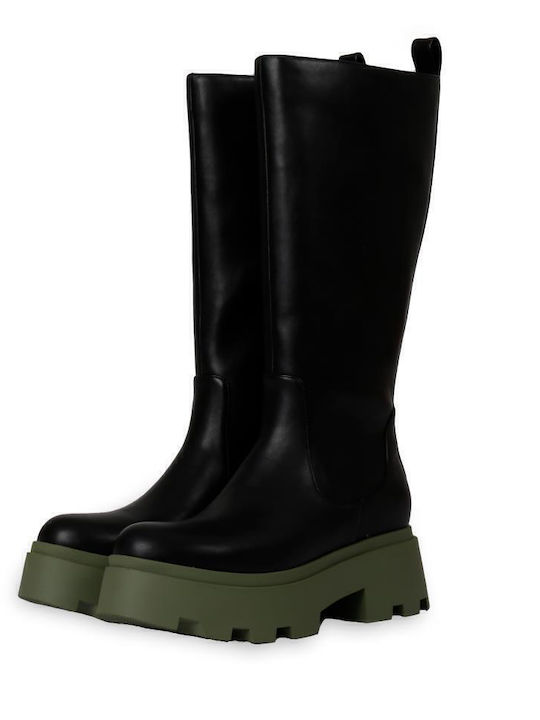 Leather Medium Heel Women's Boots with Zipper Black