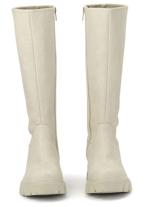 Leather Women's Boots with Zipper Beige