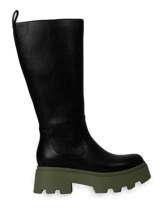 Leather Medium Heel Women's Boots with Zipper Black