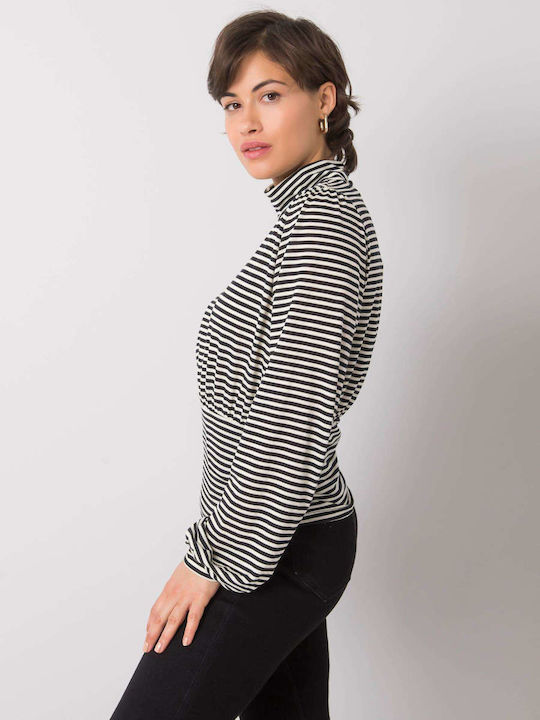 Rue Paris Women's Blouse Long Sleeve Turtleneck Striped White/Black