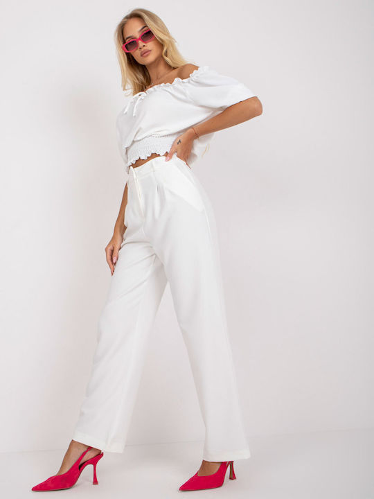 Rue Paris Women's High-waisted Fabric Trousers White