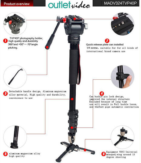 Photography & Video Monopod Made of Aluminum with Tripod Base with Hydraulic Head and 5kg Maximum Load