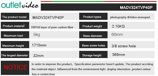 Photography & Video Monopod Made of Aluminum with Tripod Base with Hydraulic Head and 5kg Maximum Load