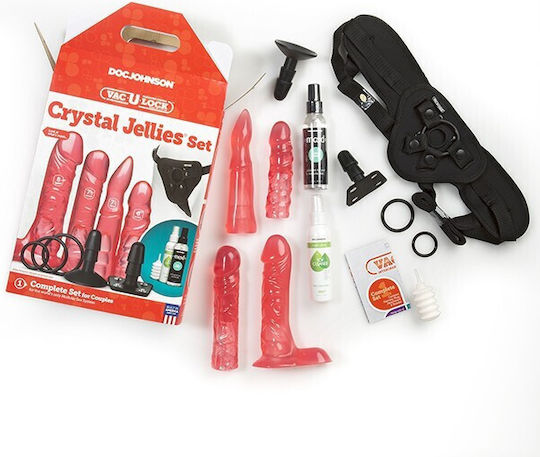 Doc Johnson Vac-U-Lock Crystal Jellies Set Harness με Διπλό Dildo σε Ροζ Χρώμα