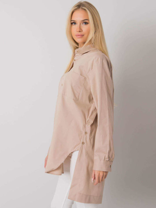 Ex Moda Langärmelig Damen Hemd Beige Monochrom