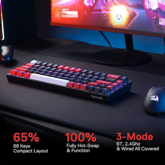 Redragon K631 Pro BRW Ασύρματο Gaming Μηχανικό Πληκτρολόγιο 65% με Custom Red διακόπτες και RGB φωτισμό (Αγγλικό US)