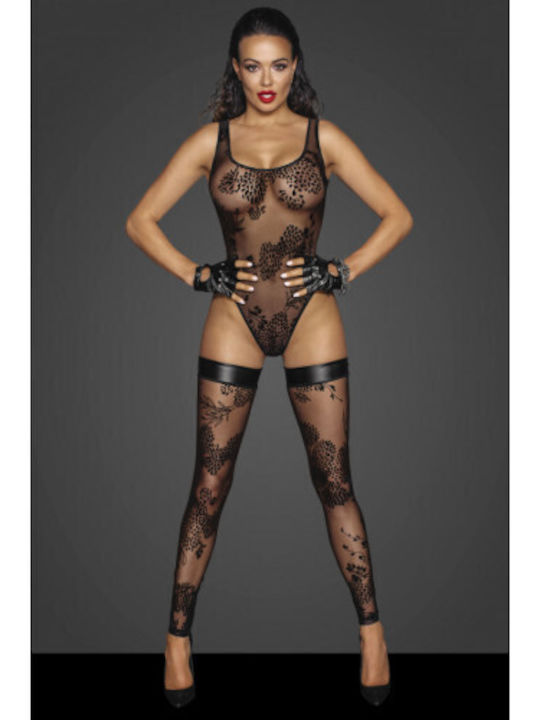Noir Handmade Sexy Bodysuit mit Transparenz & Spitze Tüllbody mit gemusterter Flockstickerei Schwarz