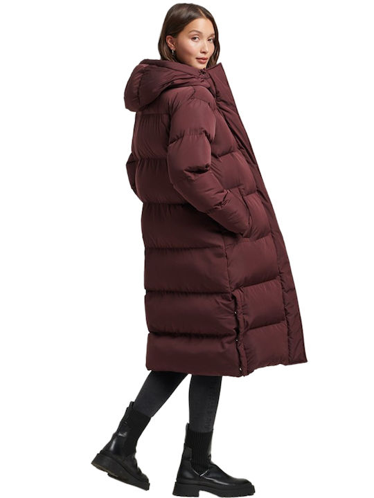 Superdry Women's Long Puffer Jacket for Winter with Hood Rich Deep Burgundy