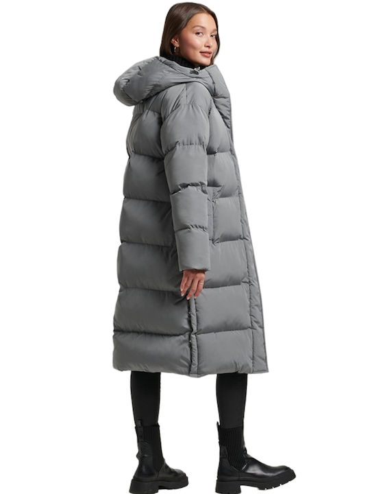 Superdry Longline Women's Long Puffer Jacket for Winter with Hood Gray