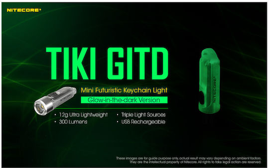 NiteCore Rechargeable Keychain Flashlight LED UV IP66 with Maximum Brightness 300lm Tiki Gitd Blue Blue Blue