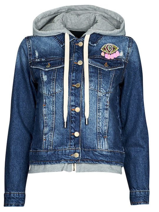 Jacksonville Women's Short Jean Jacket for Spring or Autumn with Hood Blue
