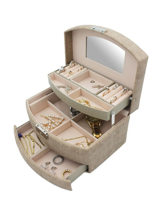Velvet Jewellery Box with Drawer & Mirror Brown 22x13x12.5cm