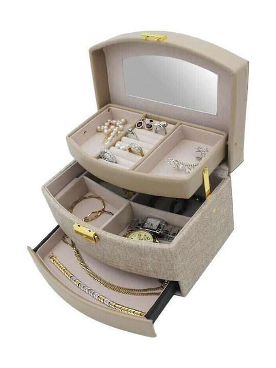 Casetă Pentru Bijuterii Din Catifea Cu Sertar Și Oglindă Bej 13x23x13.5cm