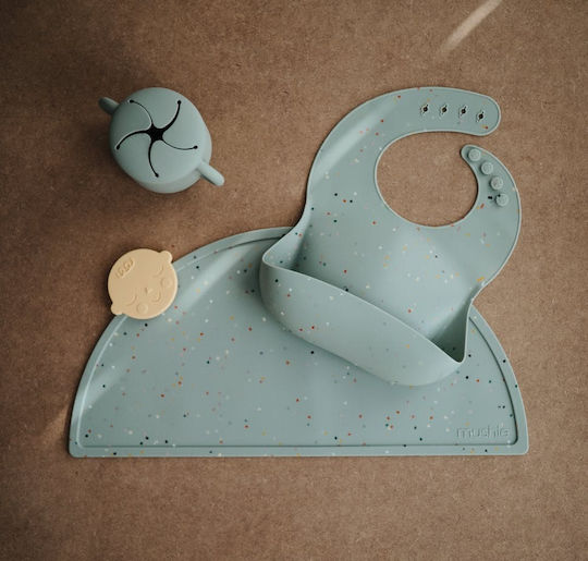 Mushie Confetti Waterproof Bib Silicone with Button & Pocket Cambridge Blue