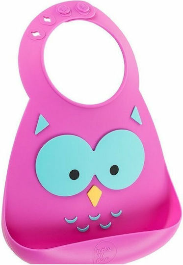 Make my Day Owl Waterproof Bib Silicone with Button & Pocket Pink for 6 m+
