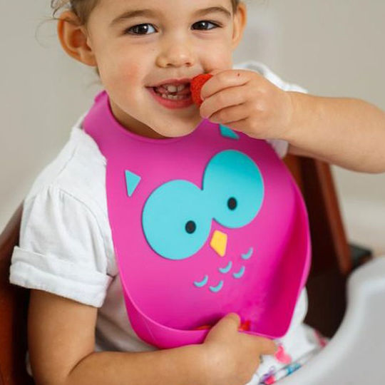 Make my Day Owl Waterproof Bib Silicone with Button & Pocket Pink for 6 m+