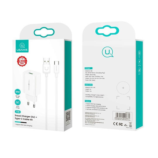 Usams Charger with USB-A Port and Cable USB-C 18W Quick Charge 3.0 Whites (T22)