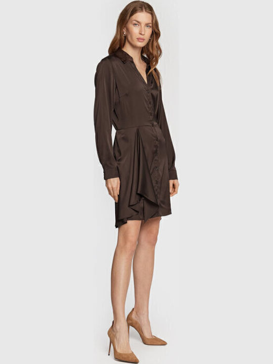 Alya Mini Evening Shirt Dress Satin Wrap Dark Brown