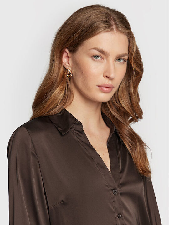 Alya Mini Evening Shirt Dress Satin Wrap Dark Brown