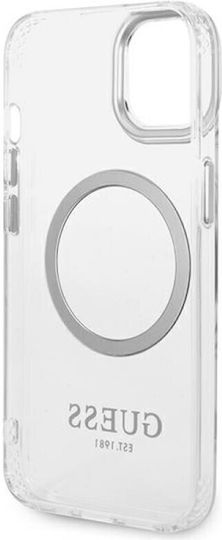Guess Metal Outline Umschlag Rückseite Silikon Silver / Clear (iPhone 14)