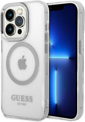 Guess Metal Outline Umschlag Rückseite Silikon Silver / Clear (iPhone 14 Pro) GUHMP14LHTRMS