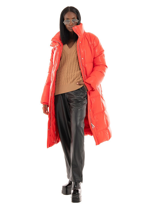 Hugo Boss Women's Long Puffer Artificial Leather Jacket for Winter Red