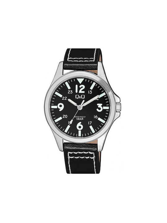 Q&Q Watch Battery with Black Leather Strap QB12J305Y