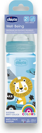 Chicco Πλαστικό Μπιμπερό Well Being Κατά των Κολικών με Θηλή Σιλικόνης 250ml για 2+ μηνών Light Blue Lion