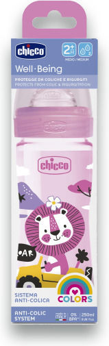 Chicco Πλαστικό Μπιμπερό Well Being Κατά των Κολικών με Θηλή Σιλικόνης για 2+ μηνών Ροζ Lion - Pink 250ml