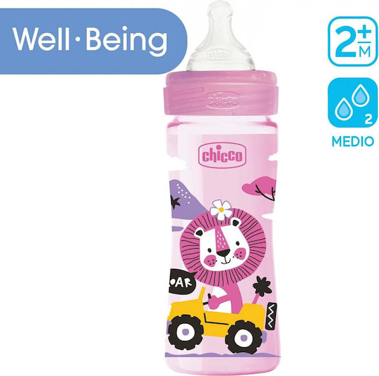 Chicco Πλαστικό Μπιμπερό Well Being Κατά των Κολικών με Θηλή Σιλικόνης για 2+ μηνών Ροζ Lion - Pink 250ml