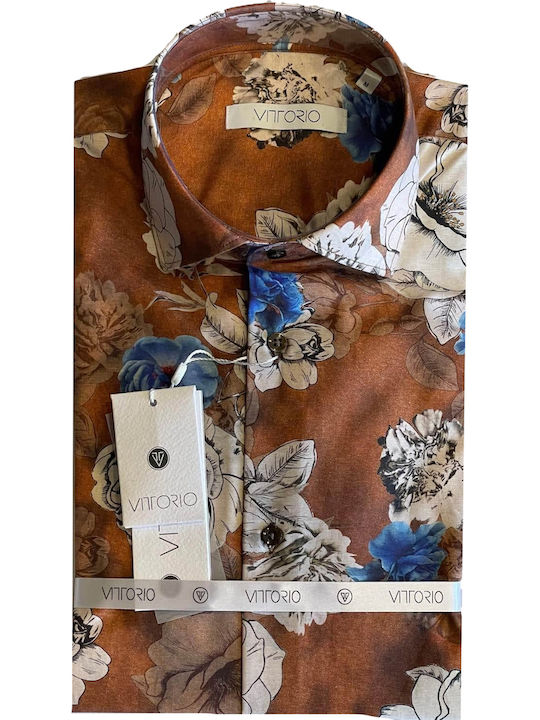 Long-sleeved Cotton Shirt Floral Brown
