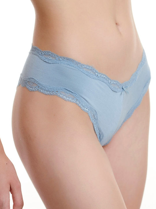Bamboo Γυναικεία String 2Pack με Δαντέλα Γαλάζιο/Εκρού Εμπριμέ