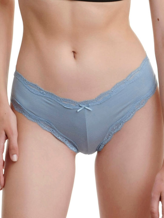 Bamboo Γυναικεία String 2Pack με Δαντέλα Γαλάζιο/Εκρού Εμπριμέ
