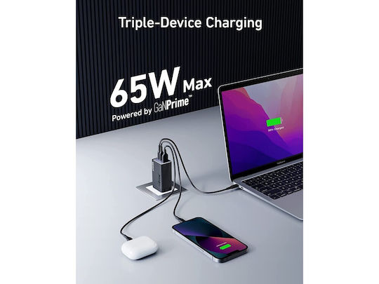 Anker Φορτιστής Χωρίς Καλώδιο GaN με Θύρα USB-A και 2 Θύρες USB-C 65W Power Delivery Μαύρος (A2668311)