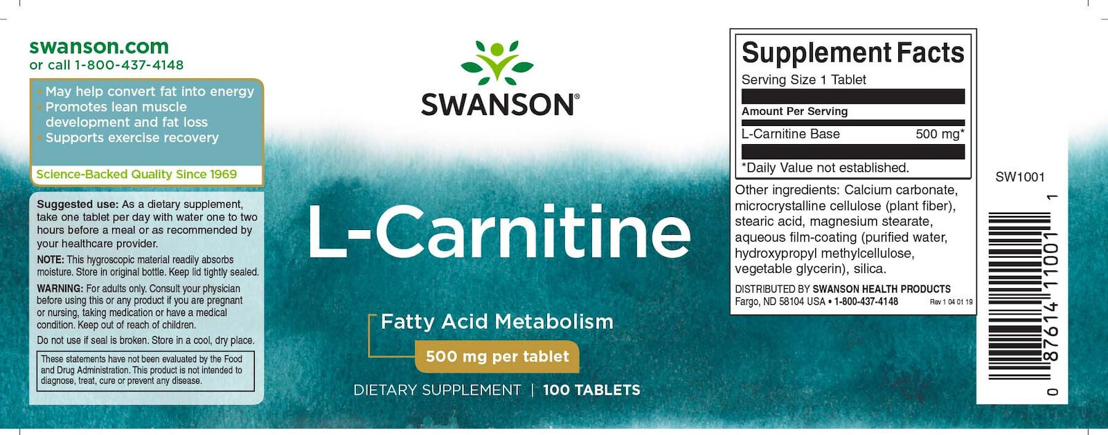 Swanson L-Carnitine 500mg 100 ταμπλέτες