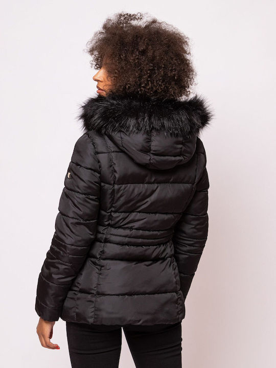 Heavy Tools Nabby Kurz Damen Puffer Jacke Wasserdicht mit pelziger Kapuze für Winter Schwarz