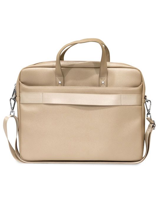 Guess Saffiano Triangle Logo Geantă De umăr / de mână pentru laptop 16" în culoarea Auriu