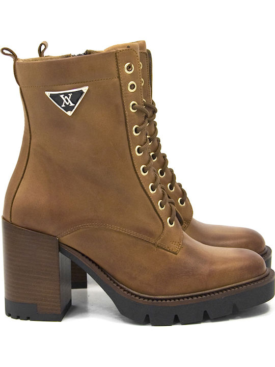 Leather Women's Ankle Boots with High Heel Tabac Brown
