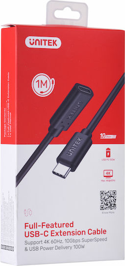Unitek USB 3.2 Video Cable USB-C male - USB-C female 100W PD Μαύρο 1m C14086BK-1M