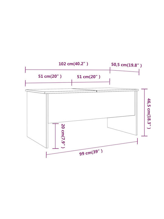 Sonoma Eiche Rechteckiges Zentral Kaffeetisch mit Hebemechanismus M102xBreite50.5xHöhe46.5cm