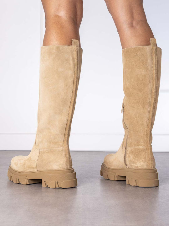 Suede Women's Boots with Zipper Beige
