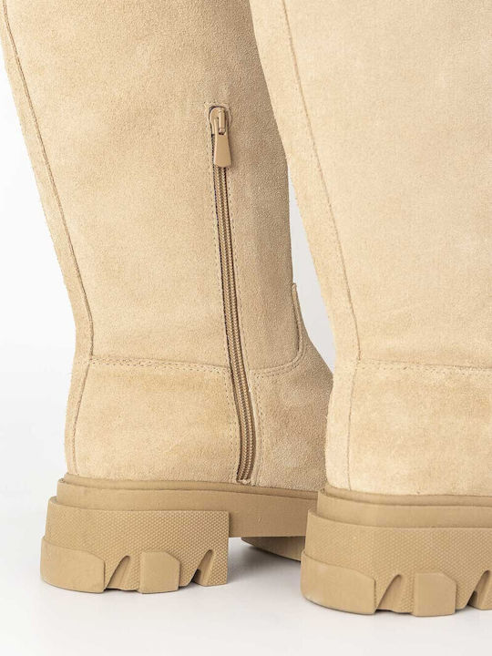 Suede Women's Boots with Zipper Beige