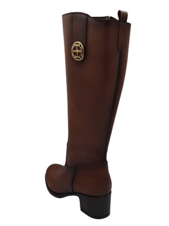 Leather Medium Heel Women's Boots with Zipper / Rubber Tabac Brown